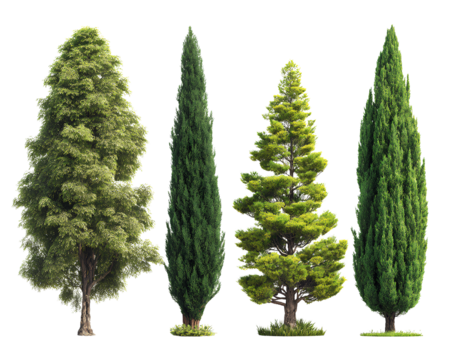 Green cypress tree variations isolated transparent background