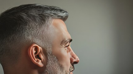 Obraz premium Mature man's head with neatly cut salt-and-pepper hair, captured in profile with sharp focus.