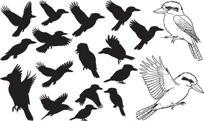 Kookaburra Silhouettes &ndash; Solid Black & Outline Vector Set