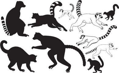 Lemur Silhouettes – Solid Black & Outline Vector Set