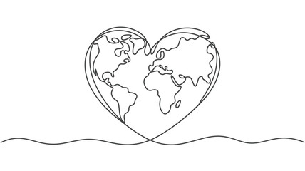 One Line Drawing of Heart Shaped World Map on White Background