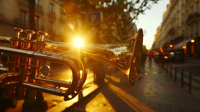 Musician playing trumpet on a street of Paris during world music day on June 21 celebrated in France.