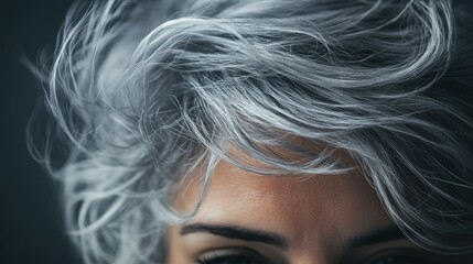 Fototapeta premium Messy gray hair on top of a head, giving a natural, unstyled look that emphasizes authenticity.