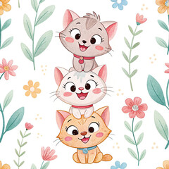 seamless watercolor pattern cats on white background	
