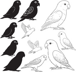 Lovebird Silhouettes – Solid Black & Outline Vector Set