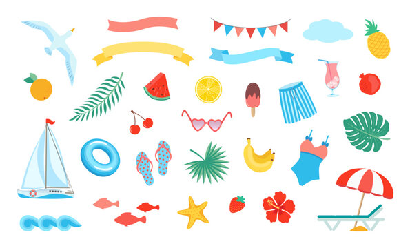 Summer beach clipart set. Sea vacation vector illustration. Ribbon frame, cute holiday signs collection watercolor like flat design. Tropical resort coastal vibe theme. Bright decorative symbols.