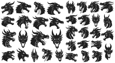 A Diverse Collection of Dragon Heads in Pixel Art Displaying Different Expressions