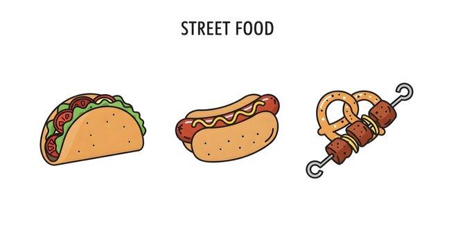 Street Food Doodles Taco, Hot Dog, and Skewer  - Fresh Illustration of Casual Dining