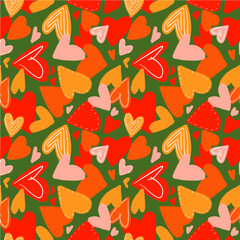 Vector repeated pattern with colorful hearts. Hand-drawn style.