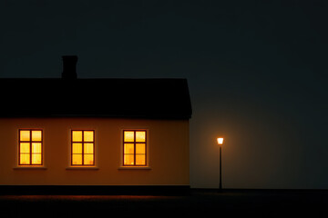 serene night scene featuring illuminated of old house casting warm glow