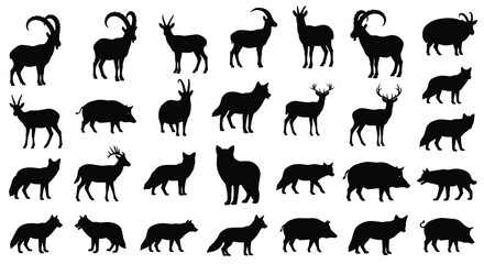 A Diverse Collection Of Wildlife Silhouettes Featuring Deer Boars Ibex And Foxes