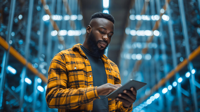 African American man wearing a yellow plaid shirt is using a tablet in a modern warehouse, surrounded by shelves and illuminated by bright overhead lights, showcasing technology in logistics