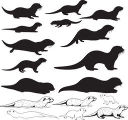 Otter Silhouettes – Solid Black & Outline Vector Set