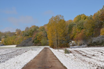 First Snowfall in Autumn Landscape with Country Path
