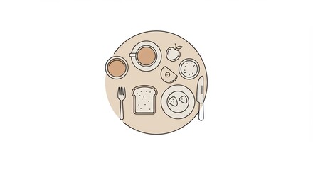 Breakfast Still Life, Top View, Circular Arrangement, Coffee, Toast, Eggs, Flat Illustration.