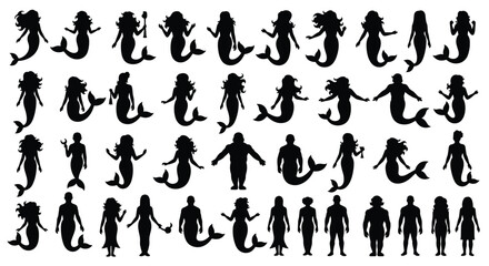 Diverse Silhouettes of Mythical Creatures and Humans in Black and White Illustration