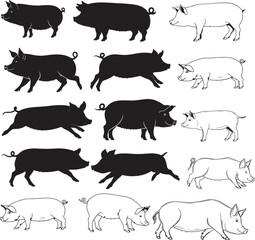 Pig Silhouettes – Solid Black & Outline Vector Set