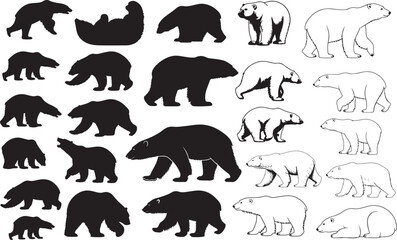 Polar Bear Silhouettes – Solid Black & Outline Vector Set