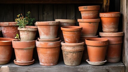 Fototapeta premium Old terracotta pots stacked and slightly chipped, symbolizing use, sustainability, and rustic gardening charm.