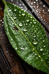 Fresh Leaf with Rain Drops on Wet Wooden Plank
