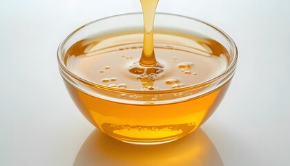 High detail close-up of honey in a glass bowl with air bubbles and reflections, white background