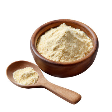 Traditional pinole powder made from maize sits in a bowl with a wooden spoon, showcased in a studio setting against a white backdrop.