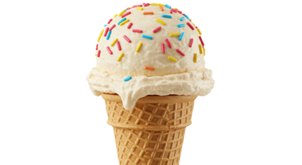 Vanilla ice cream cone with sprinkles delicious summer treat dessert frozen sweet food photography image on transparent background