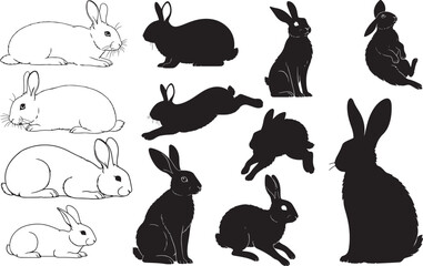 Rabbit Silhouettes &ndash; Solid Black & Outline Vector Set