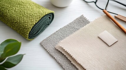 Flat lay showcasing textile and tile samples in a soft beige, grey, and green color scheme for interior designers.  
