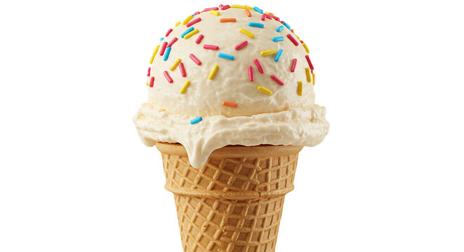 Vanilla ice cream cone with sprinkles delicious summer treat dessert frozen sweet food photography image on transparent background