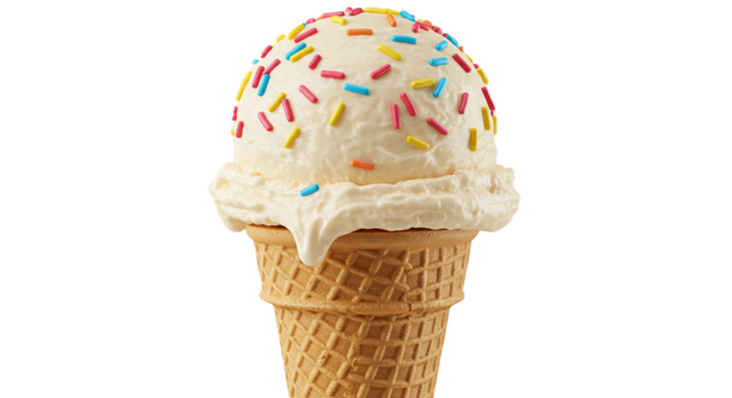 Vanilla ice cream cone with sprinkles delicious summer treat dessert frozen sweet food photography image on transparent background