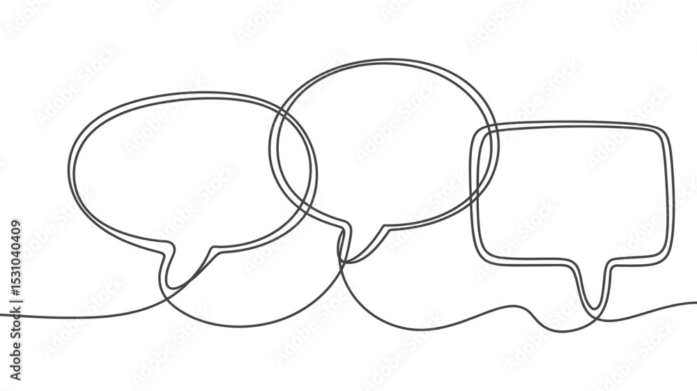 Poster continuous line drawing of three speech bubbles in different shapes