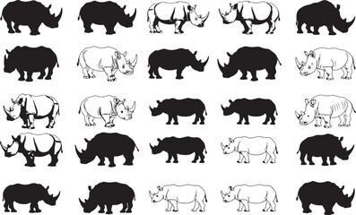 Fototapeta premium Rhinoceros Silhouettes – Solid Black & Outline Vector Set