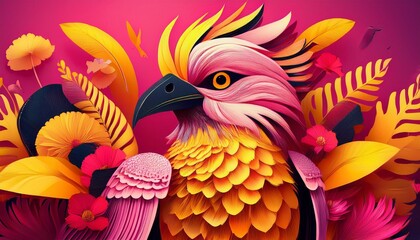 Naklejka premium typographic layouts featuring large birds and bold letter forms in vibrant pink and yellow contrasts for system launch and editorial display