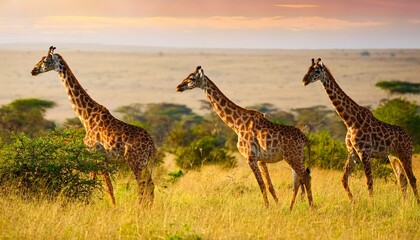 Obraz premium two masai giraffes giraffa tippelskirchi walking side by side in the african savanna with lush green vegetation in the background captured in golden light at masai mara national reserve kenya