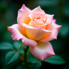 Beautiful pink yellow rose under midday sun in rose garden, close-up, selective focus. Floral natural background with rose flower closeup. Beautiful romantic gift. Greeting card