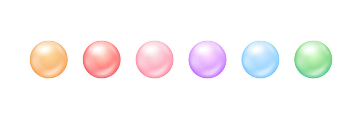 Set of colored bubble bead pearl and hyaluron collagen vitamins. Isolated on white background. Empty ball text input for designing various products. 3D vector EPS10.