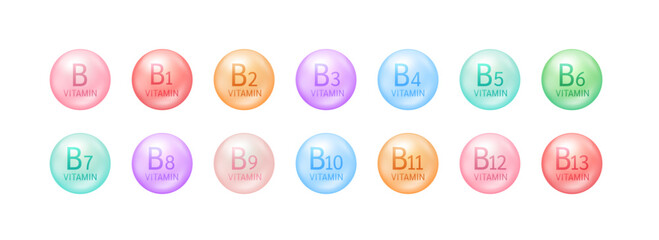 Collection vitamins B complex ball isolated on white background. For dietary supplement pharmacy ads package design. Science medic concept. 3D vector.