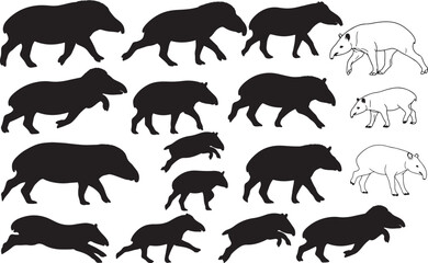 Tapir Silhouettes – Solid Black & Outline Vector Set