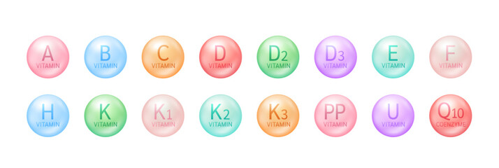 Collection vitamins complex ball isolated on white background. For dietary supplement pharmacy ads package design. Science medic concept. 3D vector.