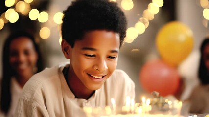 African american child staring at birthday cake with lit candles, blurred family members creating warm background, celebrating special childhood moment with excitement