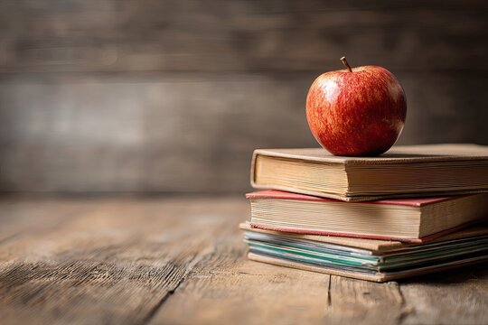 A stack of textbooks with an apple on top, photographed close-up on a wood grain desk. Depth of field is shallow, with the books in sharp focus and everything else fading into soft blur. 