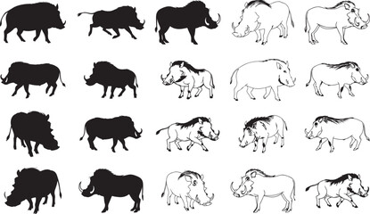 Warthog Silhouettes – Solid Black & Outline Vector Set