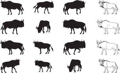 Wildebeest Silhouettes – Solid Black & Outline Vector Set