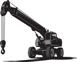Black and white illustration of a mobile crane for construction