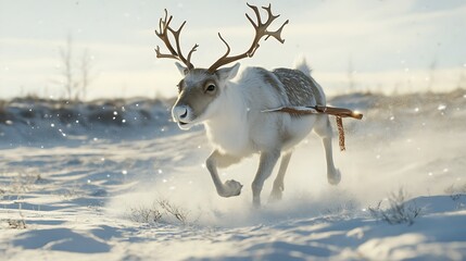Obraz premium Running Reindeer in Winter Snowscape with Harness and Golden Sunlight