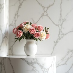 Elegant Pink Roses in a White Vase on Marble