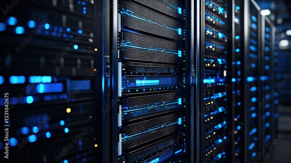 Aufkleber Modern data center with glowing blue server racks, advanced network infrastructure, and high-performance computing equipment for secure cloud and enterprise systems