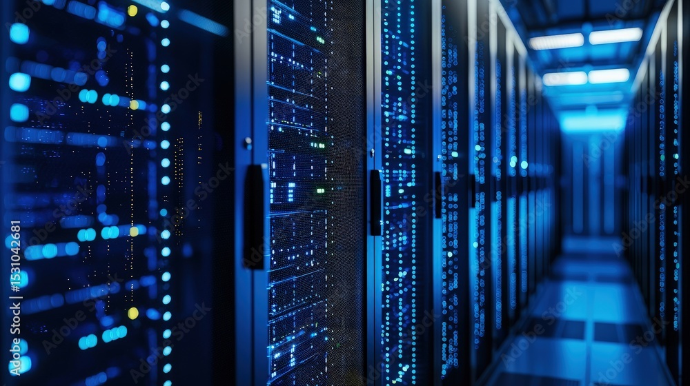 Aufkleber Dark hallway in a modern data center lined with glowing server racks and blue LED lights, symbolizing secure cloud computing, storage systems, and digital infrastructure