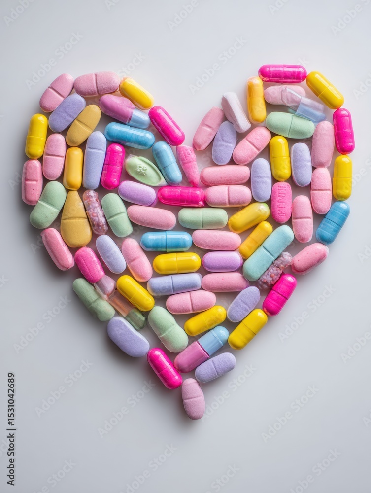 Poster pills arranged in a heart shape on a white surface creating a colorful display of health and care